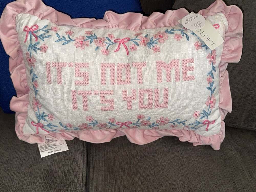 Bad Loft It's Not Me It's You Needlepoint Pillow 12x20 Pink Velvet Ruffle